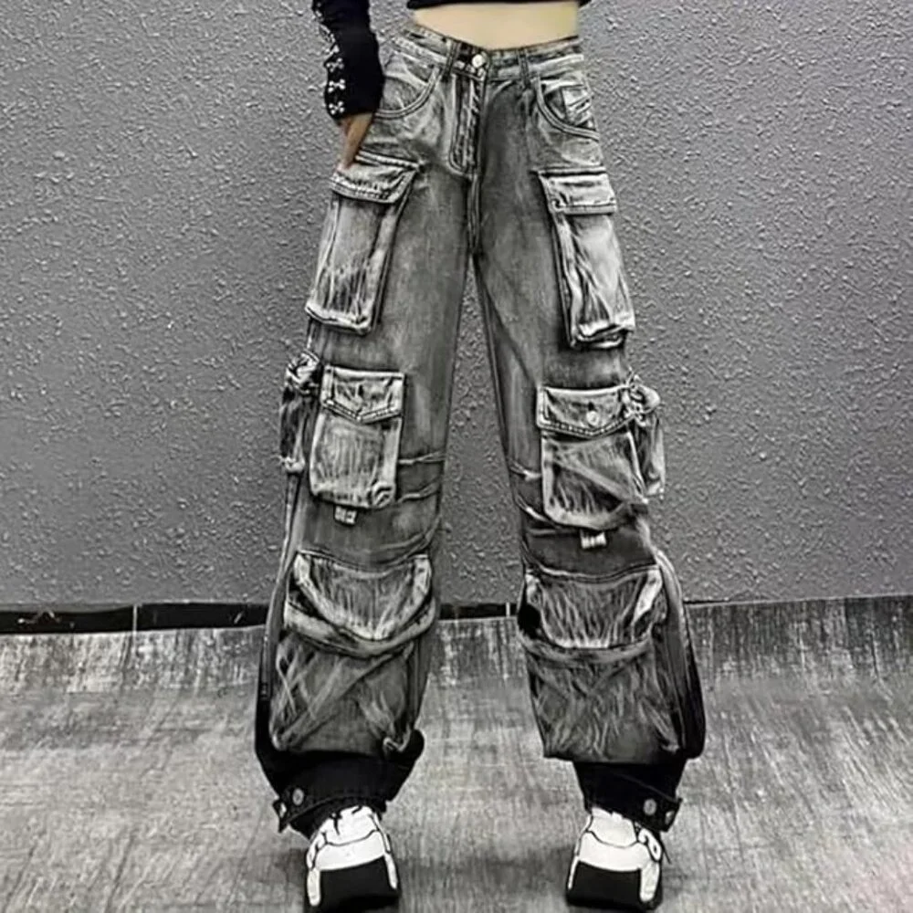 Gothic Y2K Streetwear Women's Cargo Jeans - Multi-Pocket Gradient Denim Pants, H